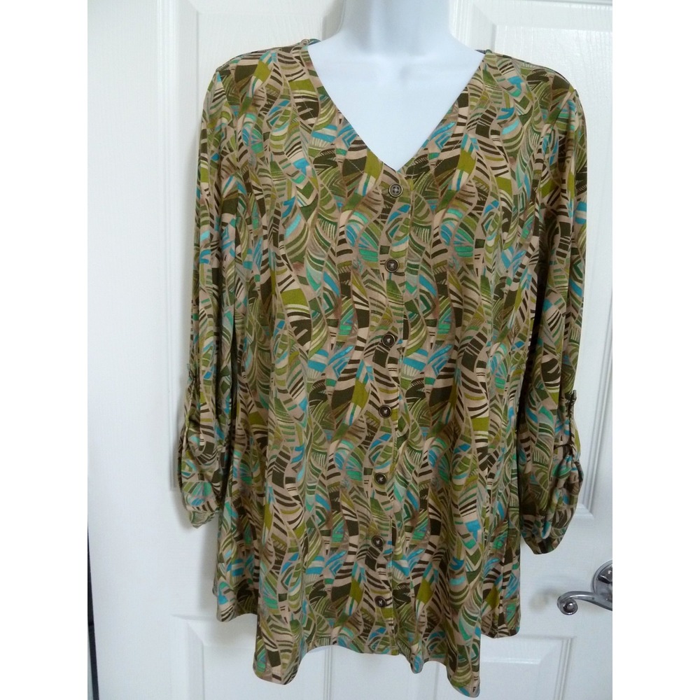 *NEW!! SUSAN GRAVER Sz Med. 10/12 Roll-Tab Sleeve Pullover Blouse Faux Button-Up
